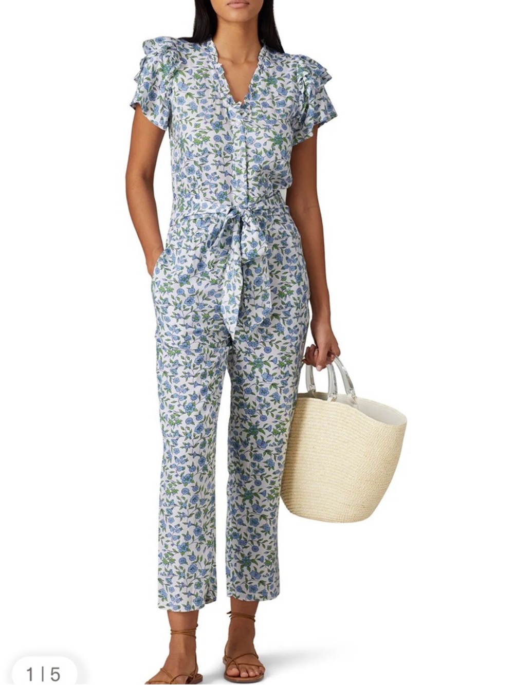 Banjanan Blue & Green Floral Tie-Front Ruffle Jumpsuit| M